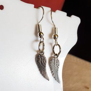 Silver Tone Hook Angel Wing Theme Dangle Earrings